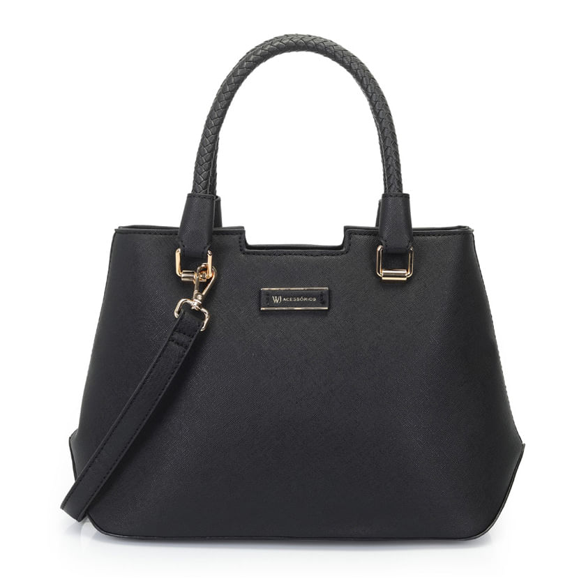 Bolsa feminina preta WJ modelo 46105 vista frontal com alça dupla e detalhes dourados